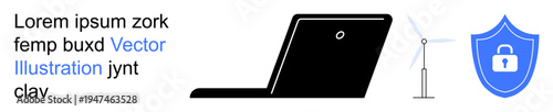 Cybersecurity, renewable energy, digital privacy, online protection, data security, remote work. A laptop, wind turbine and shield with a lock icon. Cybersecurity and renewable energy concept