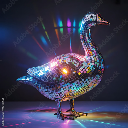 A vibrant mosaic goose sculpture with vibrant lighting.