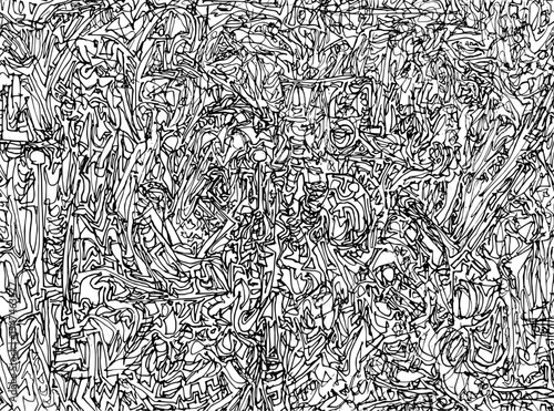 Hand-drawn monochrome line drawing with complex organic shapes and dense strokes filling the entire frame like a maze