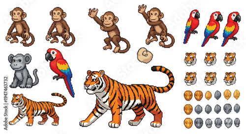 This image showcases a collection of pixel art sprites featuring various jungle animals like monkeys, parrots, and tigers, along with golden and grey collectible items.