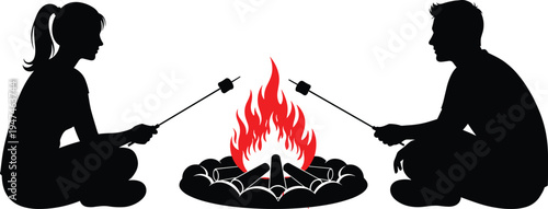 Silhouette of a happy young couple sitting together by a cozy campfire, roasting marshmallows, isolated on a white background, perfect for romantic camping themes.