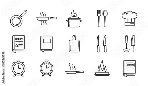 Kitchen cooking outline icons set with frying pan boiling pot utensils chef hat recipe book vector collection