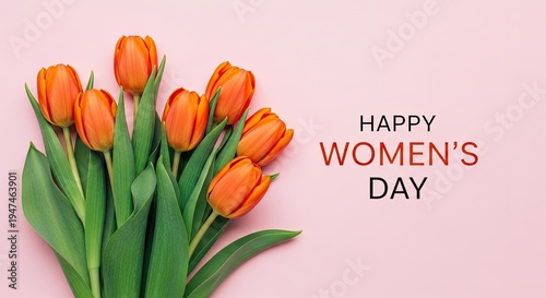 A vibrant bouquet of orange tulips sits on a soft pink background. The tulips are in full bloom with bright orange petals and green stems.