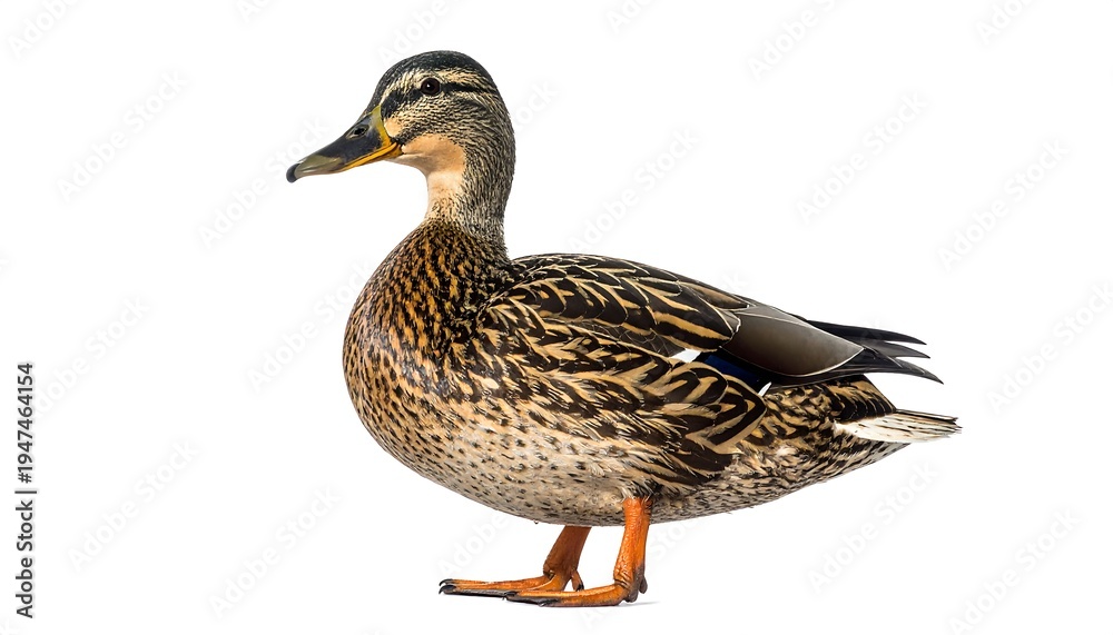 Obraz premium A close-up side-view of a female waterfowl with brown, black, and tan feathers, orange feet, and a yellow and black beak