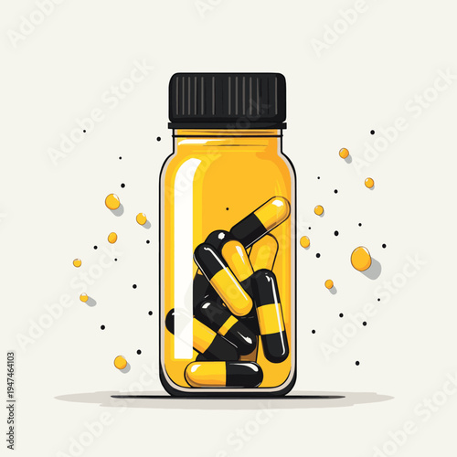 A glass bottle filled with yellow and black capsules surrounded by floating liquid droplets , vector style simple color