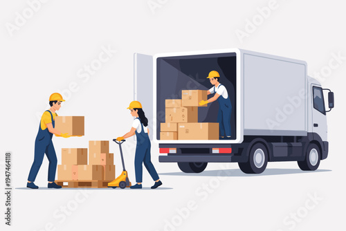 Logistics team in blue overalls and yellow hard hats loading cardboard boxes into a white delivery truck with a pallet jack, flat vector illustration for shipping, transport, and warehouse work.