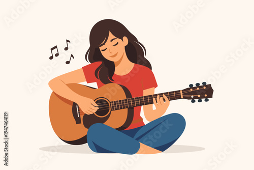 Simple flat vector illustration of a young woman with long dark hair sitting cross-legged and playing an acoustic guitar. Female musician enjoying a hobby with musical notes on light background.