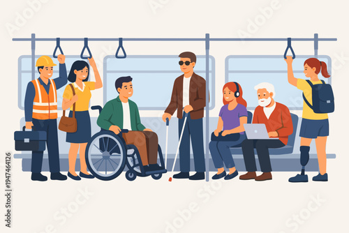 Diverse group of people and workers with disabilities commuting on a subway train, featuring a man in a wheelchair, a blind man with a cane, and a woman with a prosthetic leg in flat vector style.