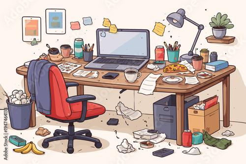 Cluttered Freelancer Workplace with Laptop, Red Chair, Trash, Pizza, Coffee Cups, and Scattered Papers. Simple Flat Vector Illustration of a Dirty Office Desk and Unorganized Workspace Environment.