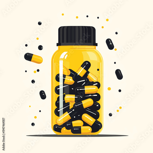 A glass bottle filled with yellow and black capsules surrounded by floating liquid droplets , vector style simple color