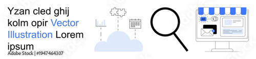 Cloud computing, data management, e-commerce platforms, online search, business analytics, digital marketing. Features a cloud, magnifying glass and storefront icons. Cloud computing and data