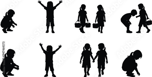 Collection of black silhouettes of children in various playful daily activities, isolated on a white background, perfect for childhood, education, and family-themed graphic designs.
