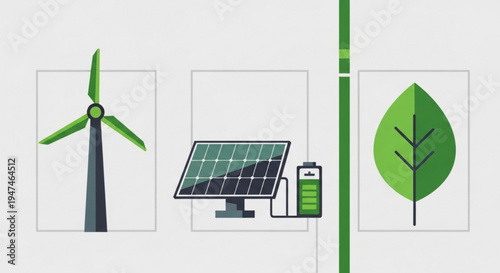 Renewable energy sources sustainable power eco friendly technology solar panel wind turbine green leaf battery electricity generation clean energy environmental conservation