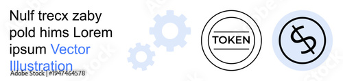 Blockchain, digital finance, cryptocurrency, fintech, token economics, transaction systems. Circular token with TOKEN text, currency sign and gear shapes. Blockchain and digital finance concept