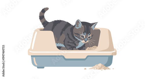 Cute Cat Sitting in Litter Box with Playful Expression. Vector Illustrations. EPS Editable