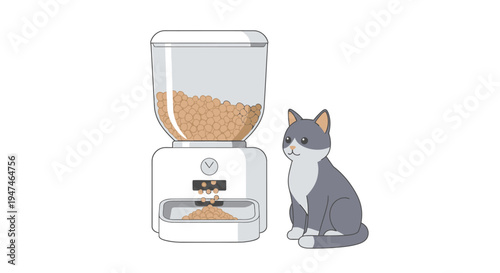 Cute Cat Sitting Next to a Modern Food Scale with Grain Container. Vector Illustrations. EPS Editable