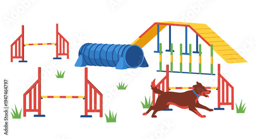 Dog Agility Training Course with Obstacles and Hurdles for Pets. Vector Illustrations. EPS Editable