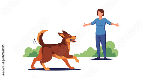 Woman Playing with Dog in Park During Daytime. Vector Illustrations. EPS Editable