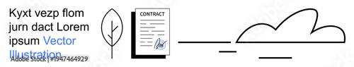 Business agreements, documentation, legal services, environmental policies, contract signing, minimal art. A signed contract document with a leaf and cloud illustration. Business agreements