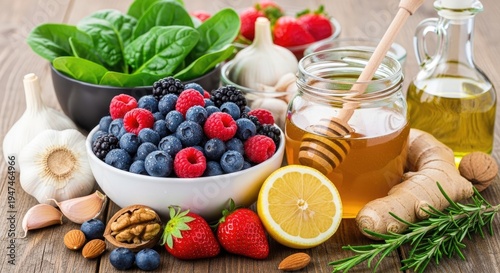 A vibrant assortment of fresh fruits and herbs is arranged on a rustic wooden table.