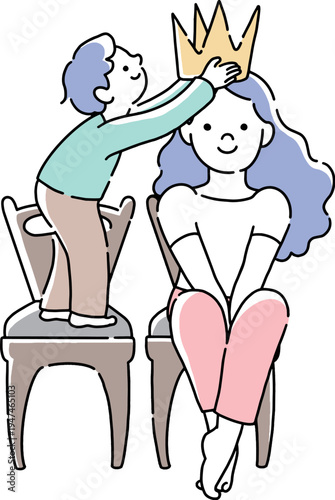 Mother is Queen Vector Illustration. Son Crowning Mom with Love. Heartwarming vector illustration of a young son placing a crown on his mother's head. Minimalist Line Art Family Scene EPS.
