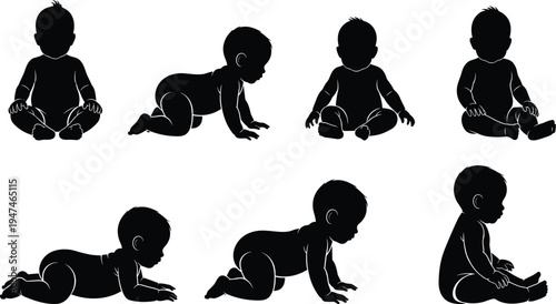 Set of black silhouette icons of cute babies in various poses like sitting, crawling, and playing, isolated on a clean white background for design.