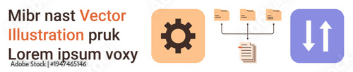 Workflow automation, cloud storage, data transfer, system management, file organization, digital processes. Gear, files arrows indicate process. Workflow automation and cloud storage concept