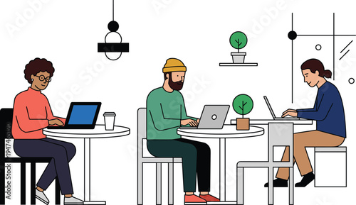 Diverse individuals engaged in productive remote work sessions at a contemporary cafe, fostering a collaborative and flexible professional environment
