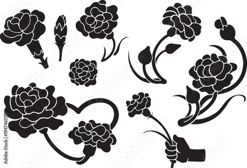 Mother's Day Carnation Flower Vector. Elegant vector set of carnation silhouettes and floral icons. Minimalist EPS Botanical Set. Perfect for Mother's Day posters, cards, and branding.