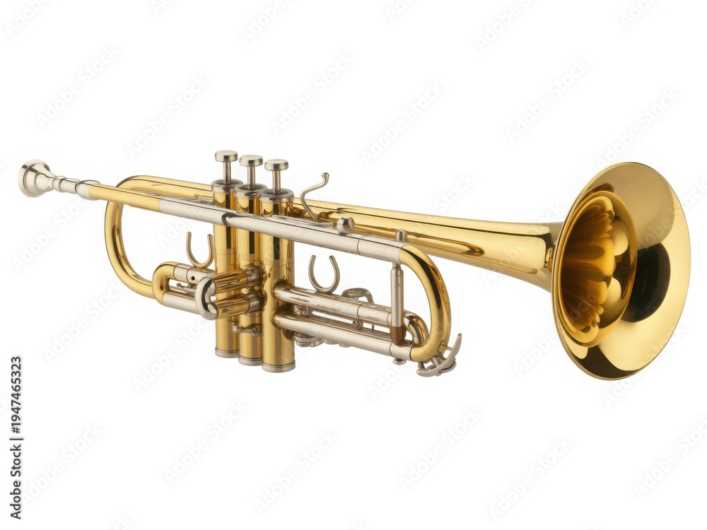 Fototapeta premium A polished brass trumpet with intricate details and a gleaming bell isolated on white background