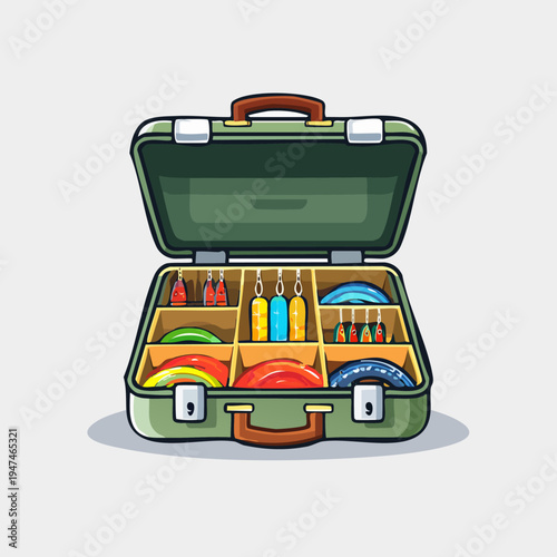 Open Fishing Tackle Box with Lures and Gear.