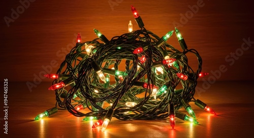 A tangled strand of Christmas lights glows warmly against a dark, reddish-brown background. The lights are a mix of red, green, and white bulbs, creating a festive and inviting atmosphere.