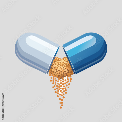 Open Medical Capsule with Granules Pouring Out.