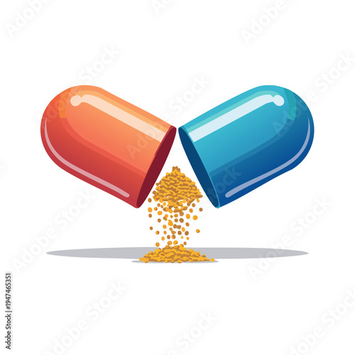 Open Red and Blue Medical Capsule with Spilling Granules.