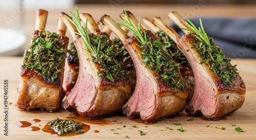 A beautifully prepared rack of lamb is presented on a wooden cutting board. The lamb chops are glistening with rendered fat and herbs.