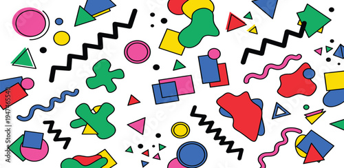 Abstract Memphis Style Geometric Pattern with Retro 80s and 90s Vibe, Colorful and Dynamic Design Elements