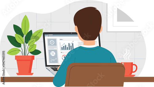 Dedicated professional immersed in digital data analysis on a laptop from a home office, symbolizing productivity, business management, and a modern remote work environment