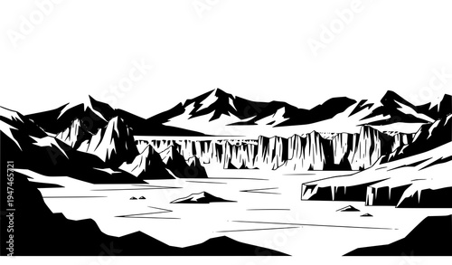 Black and white Arctic glacier vector illustration with icy peaks and frozen landscape