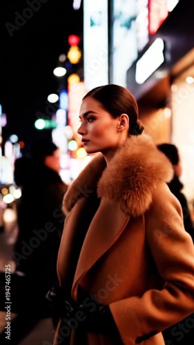 Stylish woman in luxury coat on bustling city street at night