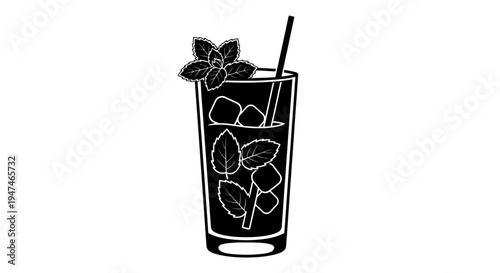 Mojito Cocktail Icon: Fresh Mint, Ice Cubes, and Straw in Tall Glass Silhouette