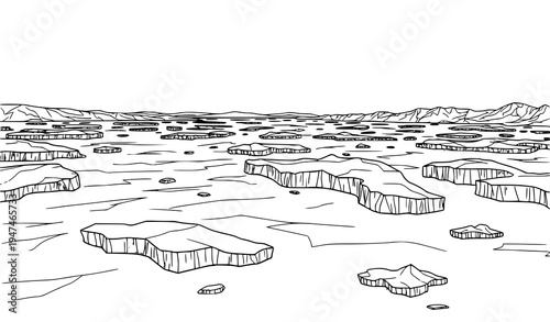 Expansive ice field black and white vector illustration with iceberg and frozen landscape