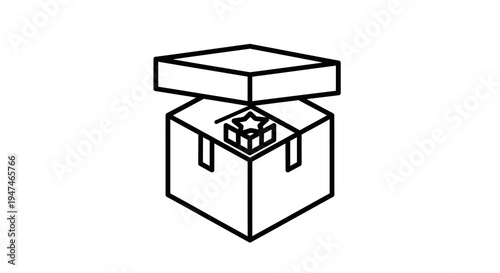 Open Gift Box with Star Inside, Surprise Present, Celebration Concept, Line Art Icon