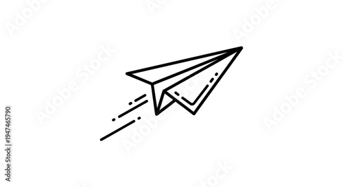 Origami paper airplane flying with motion lines, black and white line art, isolated on white background.