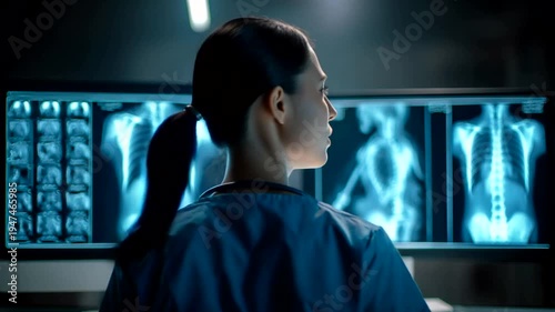 Doctor examining X-ray scans of human body in dimly lit room.