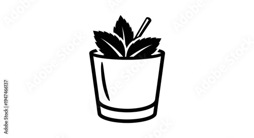 Minimalist Cocktail Icon with Mint Leaves and Straw