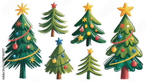Collection of Decorated Christmas Trees with Ornaments and Stars.
