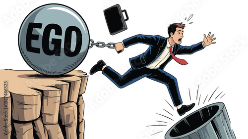 Man Chained to Ego Ball Falling Off Cliff.