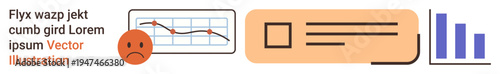 Business analysis, data trends, finance decline, economic impact, progress tracking, analytics. a declining line chart, bar graph and sad face. Business analysis finance decline