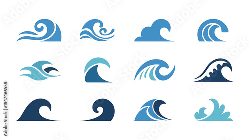 Collection of stylized wave icons in various blue shades.