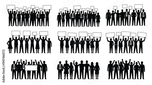 Silhouettes of Protesting Crowd Holding Signs and Banners.